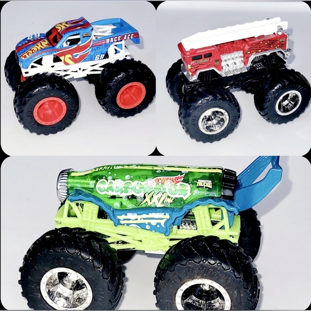 Monster Truck Toy Lot: RACE ACE 68, FIRE TRUCK RESCUE 68, CARBONATOR HOT WHEELS